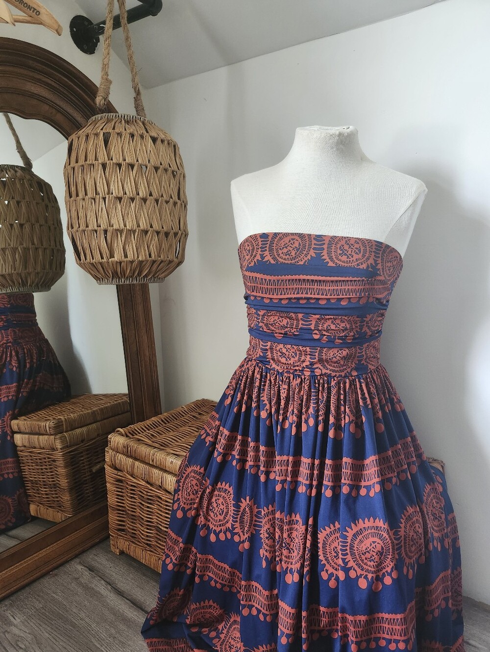 Strapless Navy & Rust Patterned Maxi Dress